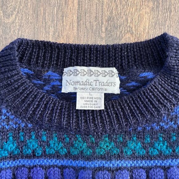 Vintage 80s Nomadic Traders Wool Sweater Geometric Abstract Pattern Size L Retro - Picture 2 of 6